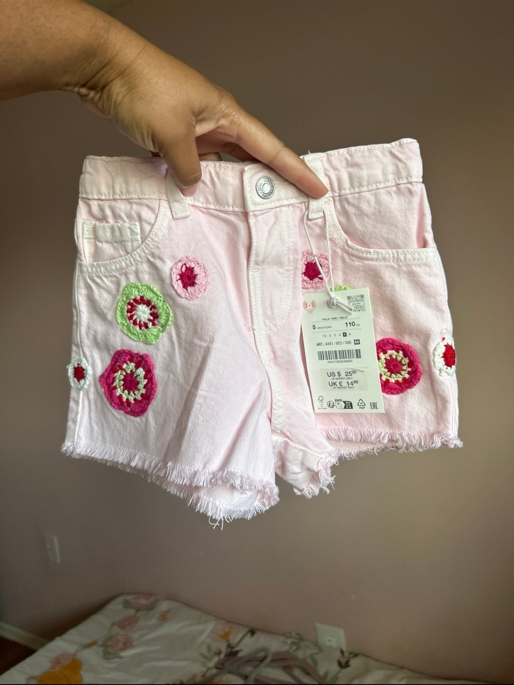 Zara Light Pink Denim Shorts with Crocheted Flower Appliqués